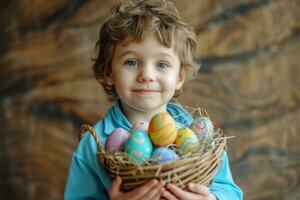 ai generado un niño participación un cesta de Pascua de Resurrección huevos foto