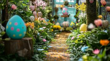 AI generated A lush garden adorned with Easter-themed decor, creating an inviting scene for promotional enchantment photo
