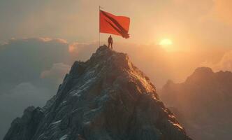 AI generated a person is standing on top of a mountain with a red flag photo