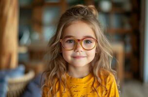 ai generado un pequeño niña en anteojos, sonriente dentro el cámara foto