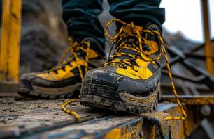 ai generado un par de amarillo y negro botas en un oscuro antecedentes foto