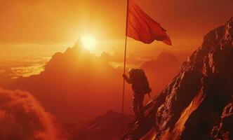 AI generated a man is climbing to a mountain holding a backpack and flag photo