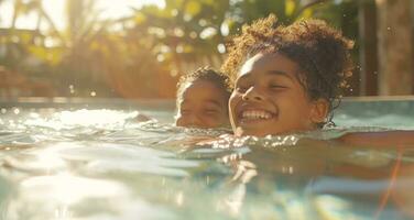 ai generado dos familia personas son riendo mientras en un nadando piscina foto