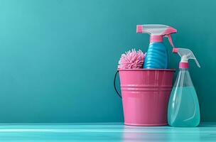 AI generated a bucket with cleaning products on the table photo