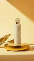 AI generated a bottle of cream sitting on a gold board photo