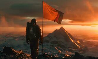 ai generado un hombre en un negro mochila caminando junto a un bandera en un cima de la montaña foto