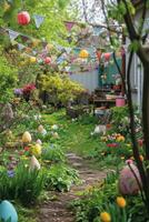 ai generado un lozano jardín adornado con con tema de Pascua decoración, creando un atractivo escena para festivo publicidad foto