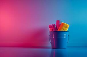 AI generated a bucket with cleaning products on the table photo