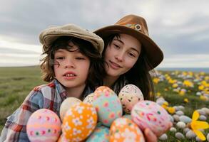 AI generated a mother a son holding easter eggs photo