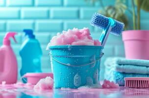 AI generated a bucket with cleaning products on the table photo