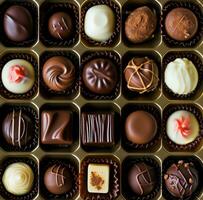 ai generado un caja con chocolates arreglado en un soltero fila, alucinante patrones foto