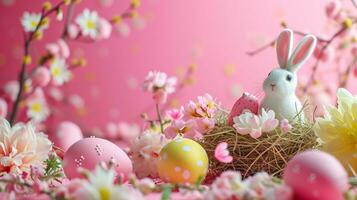 AI generated A composition of festive elements, from eggs to bunnies, offering a lively atmosphere for promotions photo