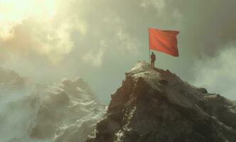 ai generado un persona es en pie en parte superior de un montaña con un rojo bandera foto