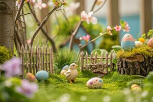 AI generated A charming garden scene with Easter decorations, creating a joyful atmosphere for advertisements photo