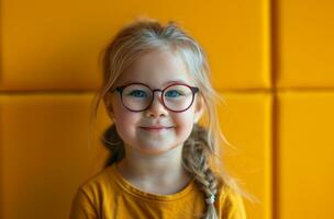 ai generado un pequeño niña en anteojos, sonriente dentro el cámara foto