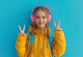 AI generated a girl with headphones makes a peace sign in front of a blue background photo