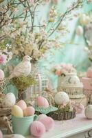 AI generated A dreamy Easter setting with imaginative decor, providing a captivating backdrop for creative promotions photo