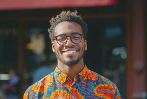 ai generado un contento hombre con lentes en un vistoso camisa en pie fuera de foto