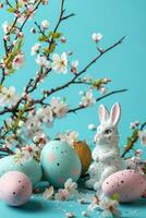 AI generated A composition of festive elements, from eggs to bunnies, offering a lively atmosphere for promotions photo