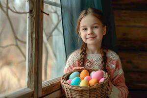 AI generated a girl holding a basket of easter eggs at the window photo