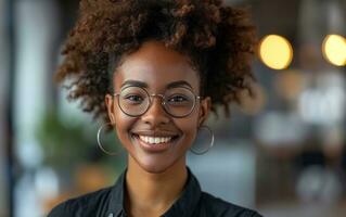 AI generated a smart afro american woman in a new job smiling in an office photo