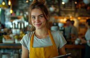 AI generated a waitress standing in a restaurant holding her tablet computer photo