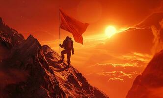 ai generado un hombre es alpinismo a un montaña participación un mochila y bandera foto