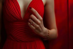 AI generated a woman in a red dress with red nail polish on her finger photo