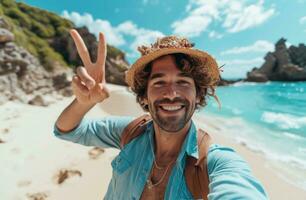 ai generado un hombre es tomando un selfie mientras en un playa y haciendo el paz firmar foto