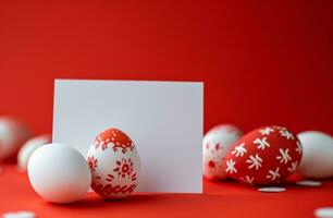 ai generado un blanco sábana de papel con rojo y blanco Pascua de Resurrección huevos y blanco tarjeta en un rojo fondo, naranja foto