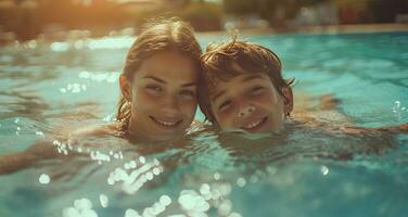 AI generated a young mother and son relax on the surface of a pool photo