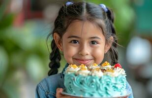 ai generado un joven niña sostiene un cumpleaños pastel y posando foto