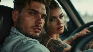 ai generado un hombre con tatuajes es siguiente a un mujer en el coche foto