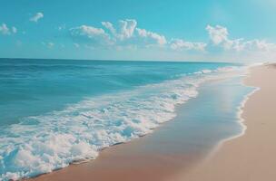 ai generado un blanco arenoso playa con azul olas en el Oceano foto