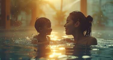 ai generado un mujer y niño sentado en un nadando piscina en Brillo Solar contento agua bebé foto