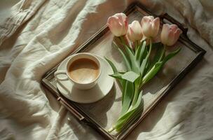 AI generated a tray with a cup of coffee and tulips photo
