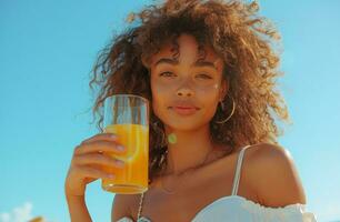 AI generated a young woman in a white outfit holding a glass of orange juice while smiling at the camera photo