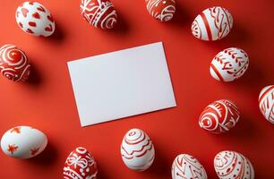 ai generado un blanco sábana de papel con rojo y blanco Pascua de Resurrección huevos y blanco tarjeta en un rojo fondo, naranja foto