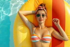 AI generated a woman in a holding a floating pool float photo