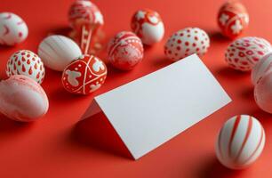 ai generado un blanco sábana de papel con rojo y blanco Pascua de Resurrección huevos y blanco tarjeta en un rojo fondo, naranja foto