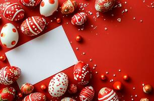 AI generated a white sheet of paper with red and white easter eggs and white card on a red background photo