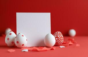 ai generado un blanco sábana de papel con rojo y blanco Pascua de Resurrección huevos y blanco tarjeta en un rojo antecedentes foto