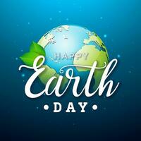 Earth Day Illustration with Planet and Green Leaf on Blue Background. April 22 Environment World Map Concept. Vector Save the Planet Design for Banner, Poster or Greeting Card