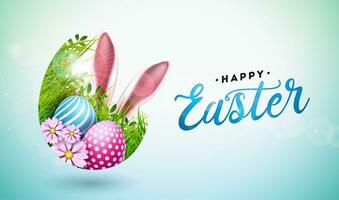 Vector Illustration of Happy Easter Holiday with Painted Egg, Rabbit Ear and Spring Flower on Shiny Light Background. International Celebration Design with Typography for Greeting Card