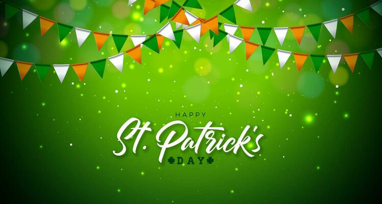 Saint Patrick's Day Illustration with Irish National Color Party Flag and Typography Letter on Shiny Green Background. St. Patricks Day Lucky Celebration Vector Design for Flyer, Greeting Card