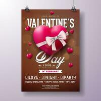 Vector Valentines Day Party Flyer Design with Red Heart and White Bow on Shiny Brown Background. Vector Saint Valentine Day Romantic Love Design for Flyer,,Holiday Poster or Party Invitation