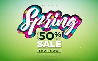 Spring Sale Design Template with Colorful Flowers and Typography Letter on Green Background. Vector Special Offer Illustration for Coupon, Banner, Voucher or Promotional Poster.