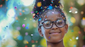 AI generated a young girl wearing eyeglasses with confetti photo