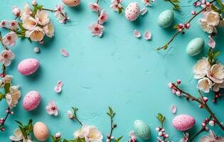 ai generado un redondo marco con Pascua de Resurrección huevos y primavera flores en un turquesa antecedentes foto