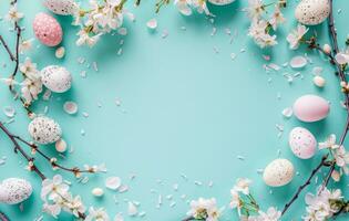 AI generated a round frame with easter eggs and spring flowers on a turquoise background photo